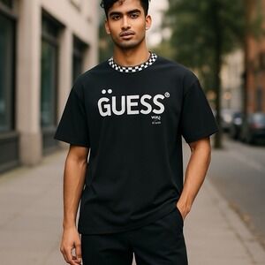 Rare Guess J Balvin Vibras Checkered Board Crew Shirt  Men's Size Large L Black‎